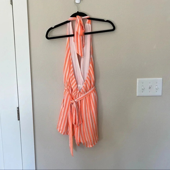 CALS Orange and White Stripped Romper Shorts with Pockets and Plunging V Neck S - Picture 10 of 13